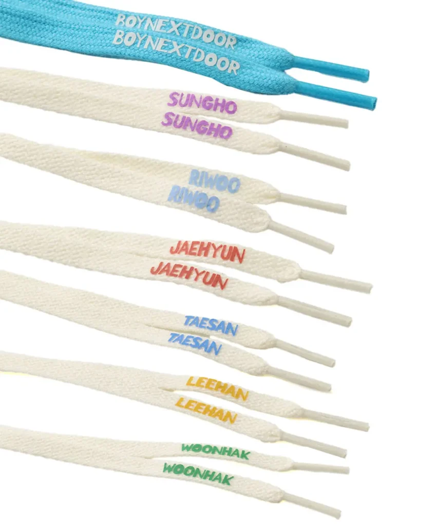 Blue and cream shoelaces display BOYNEXTDOOR and individual member names in tincture letter