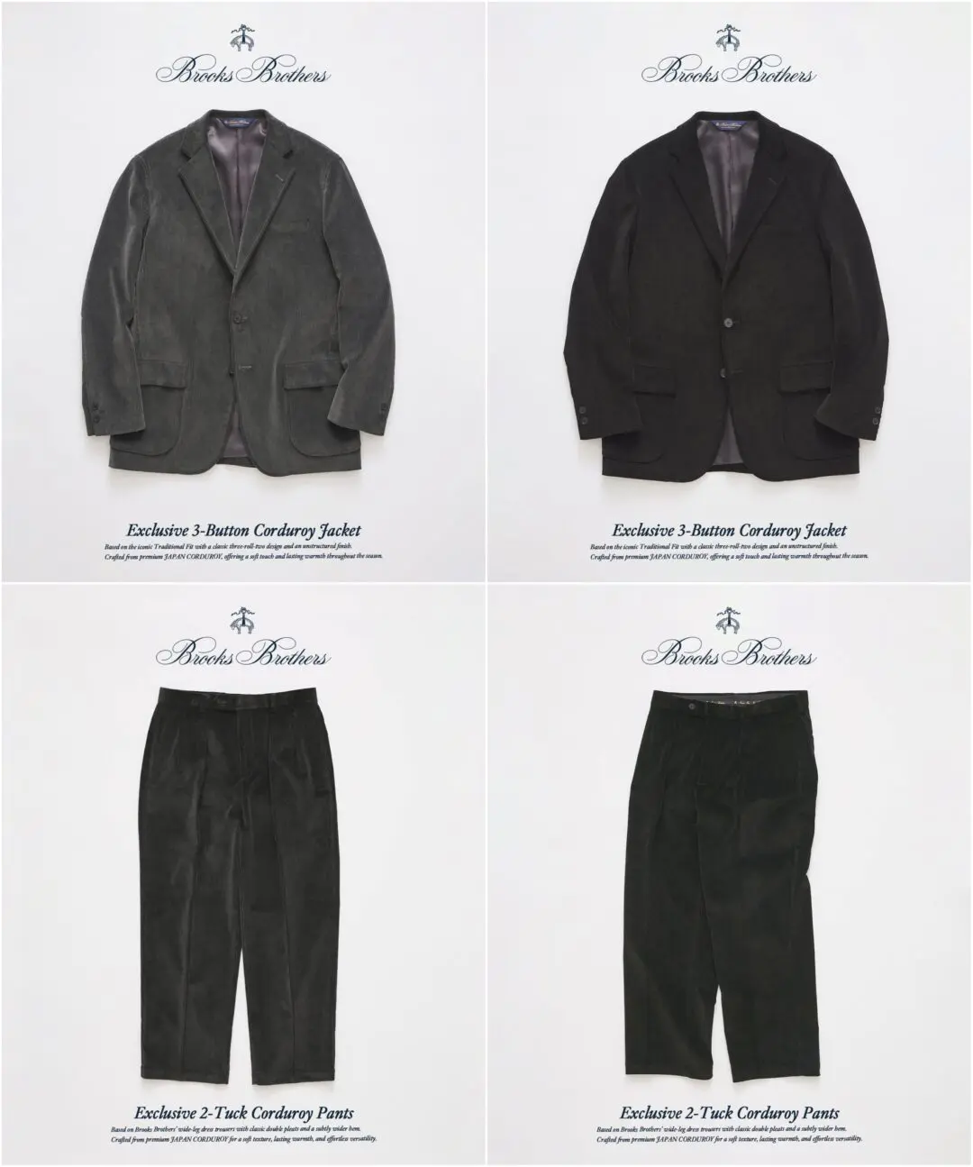 Brooks Brothers Corduroy Collection Featuring Three-Button Jackets And Two-Tuck Trousers