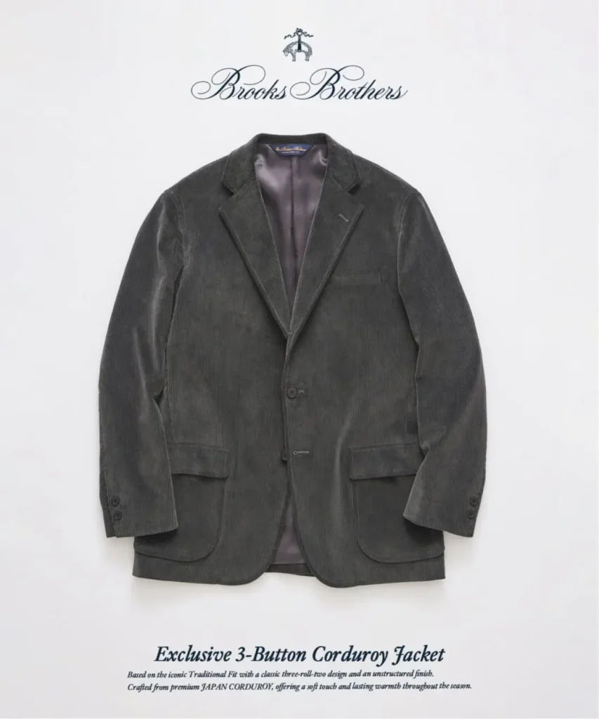 Brooks Brothers Charcoal Corduroy Three-Button Jacket With Notched Lapels, Flap Pocket And Dark Line