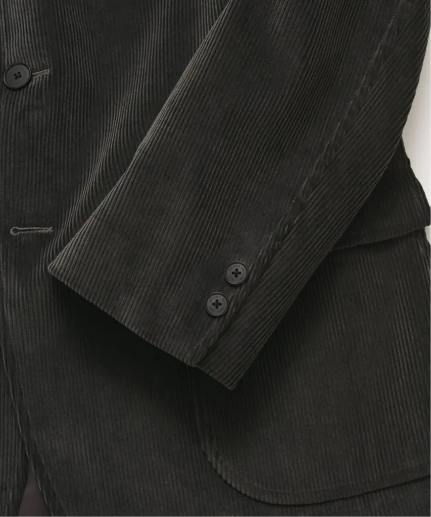 Close-Up Of Brooks Brothers Black Corduroy Jacket Showing Rib Fabric, Sleeve Button And Flap Pocket