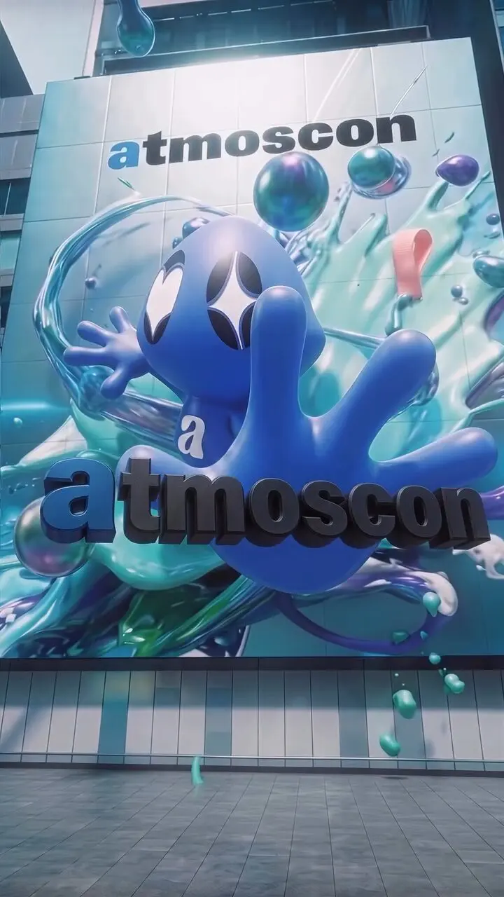 Atmoscon installation featuring a large blue character reaching outward against a fluid metallic backdrop.