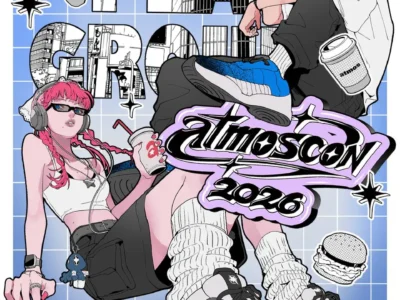 Illustrated atmoscon 2026 poster featuring two anime-style figures, oversized sneakers, city graphics, food, drinks, and atmos brand