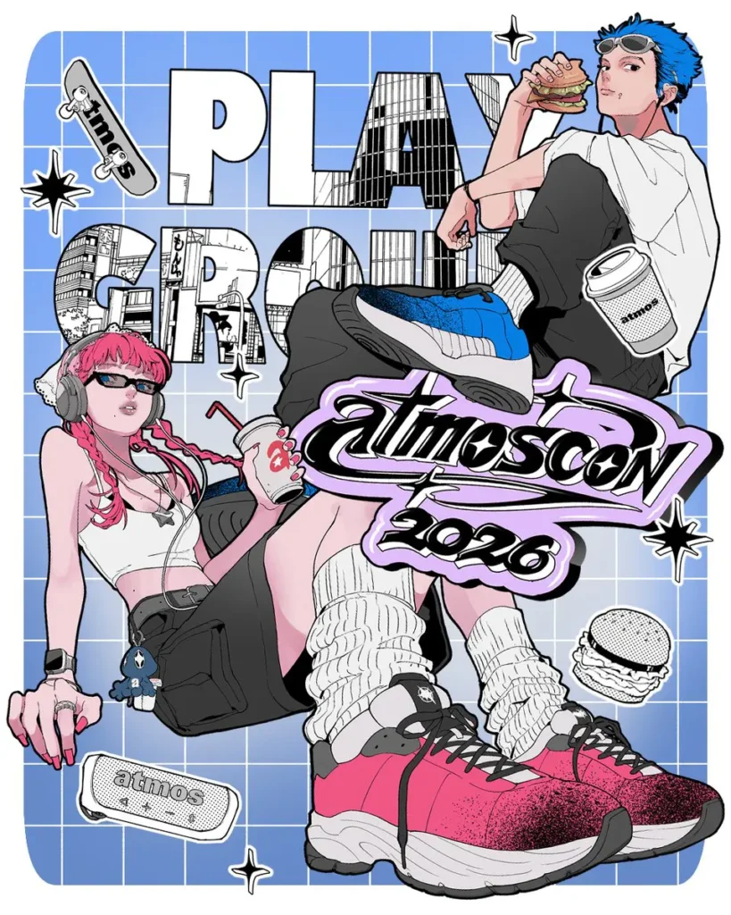Illustrated atmoscon 2026 poster featuring two anime-style figures, oversized sneakers, city graphics, food, drinks, and atmos brand