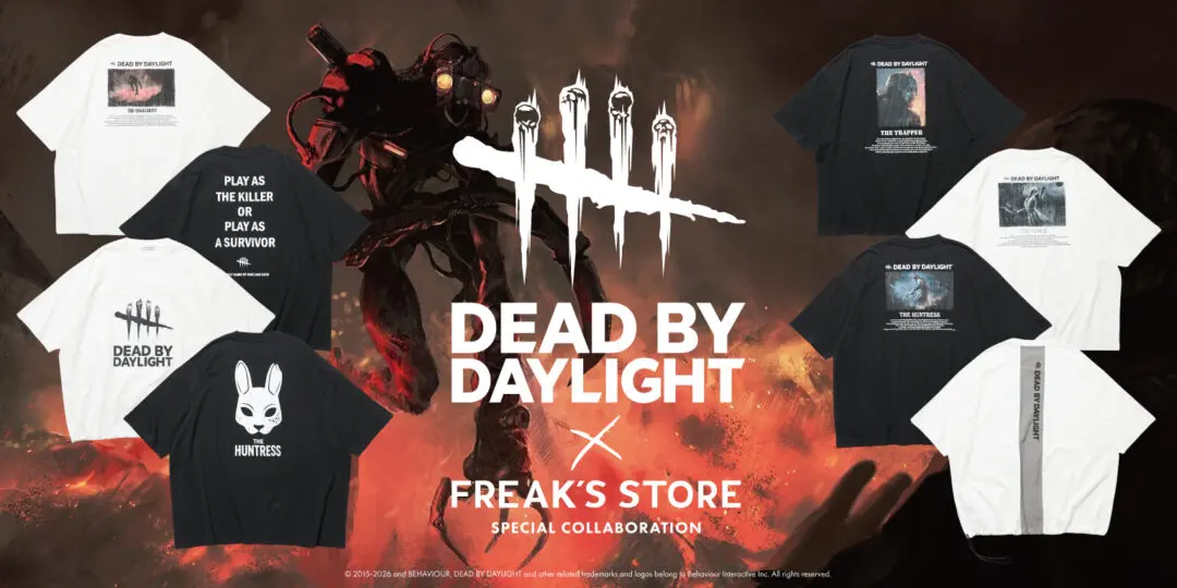 Dead by Daylight × FREAK’S STORE collaboration featuring character artwork and black and white graphic T-shirts.