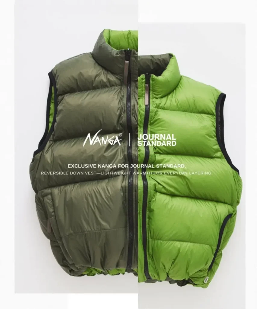 Reversible quilted down vest split olive green and lime green, with black trim and zip pockets, on a white backdrop