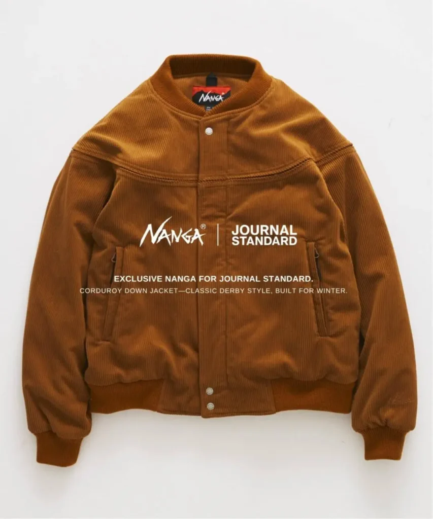 Brown corduroy quilted jacket with ribbed collar and cuffs, snap front, and large flap pockets on a white background