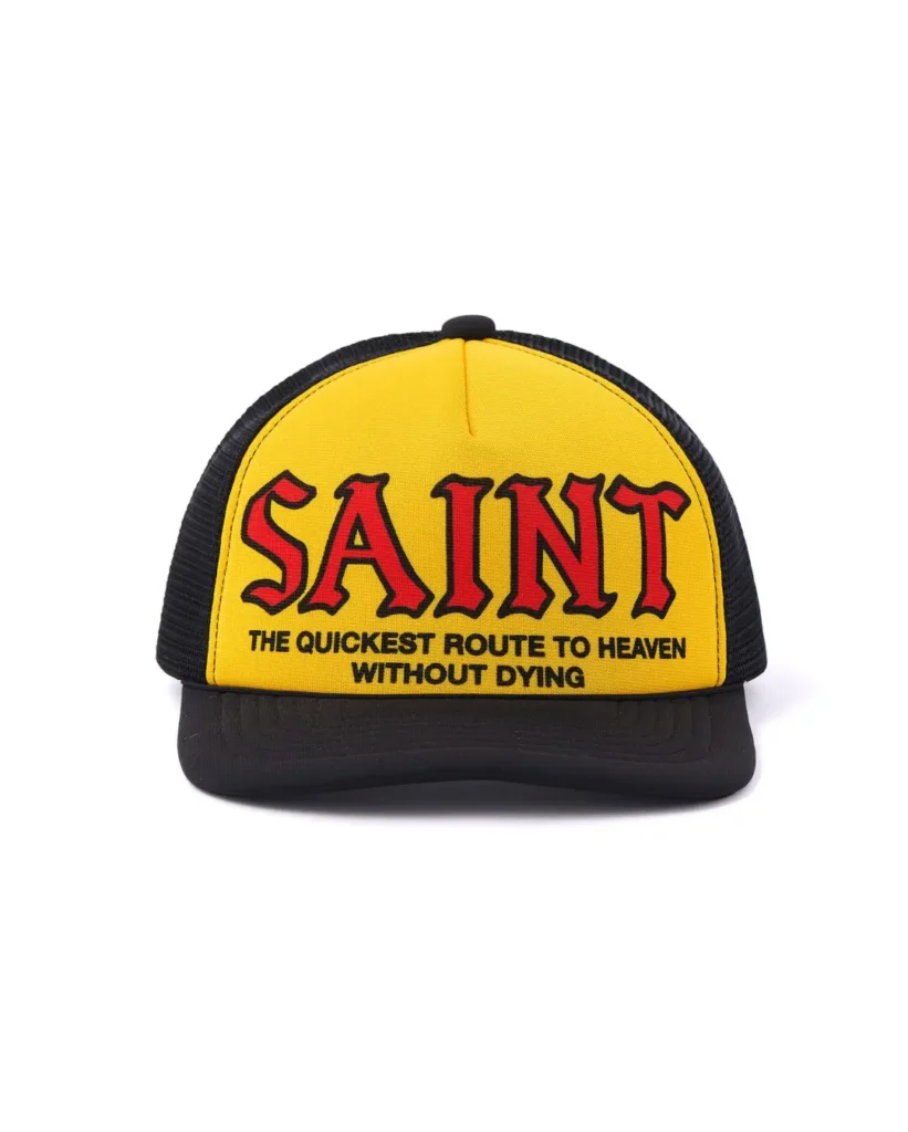 Yellow And Black SAINT Trucker Cap Feature Red Gothic Letter And “The Quickest Route To Heaven Without Dying” Text