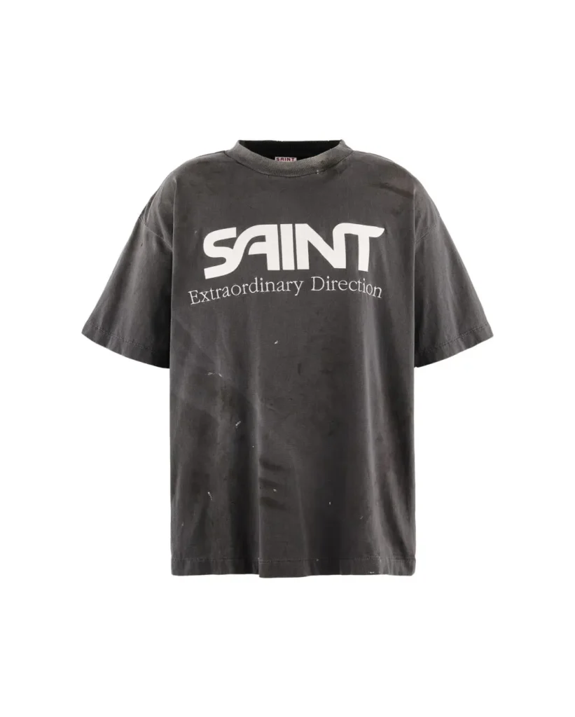 Wash Charcoal SAINT Tee Feature Oversized White “SAINT Extraordinary Direction” Graphics Across The Chest