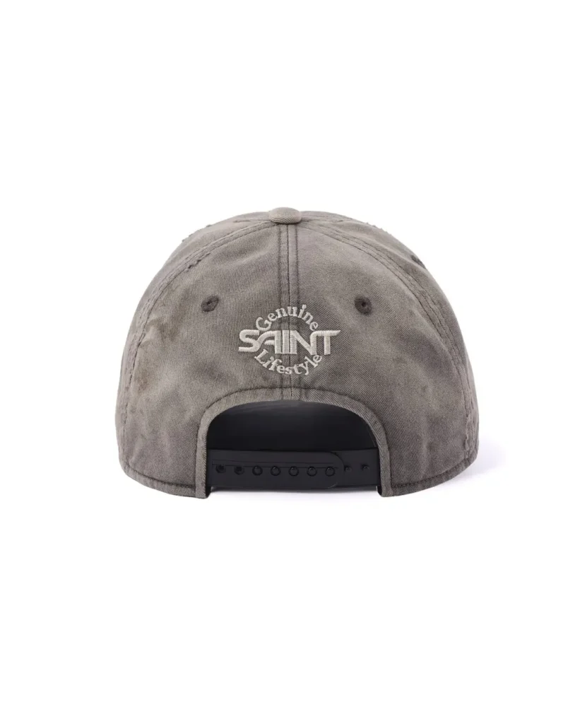 Back View Of Distress Gray SAINT Baseball Cap Featuring White “Genuine SAINT Lifestyle” Embroider And Black Adjust Strap