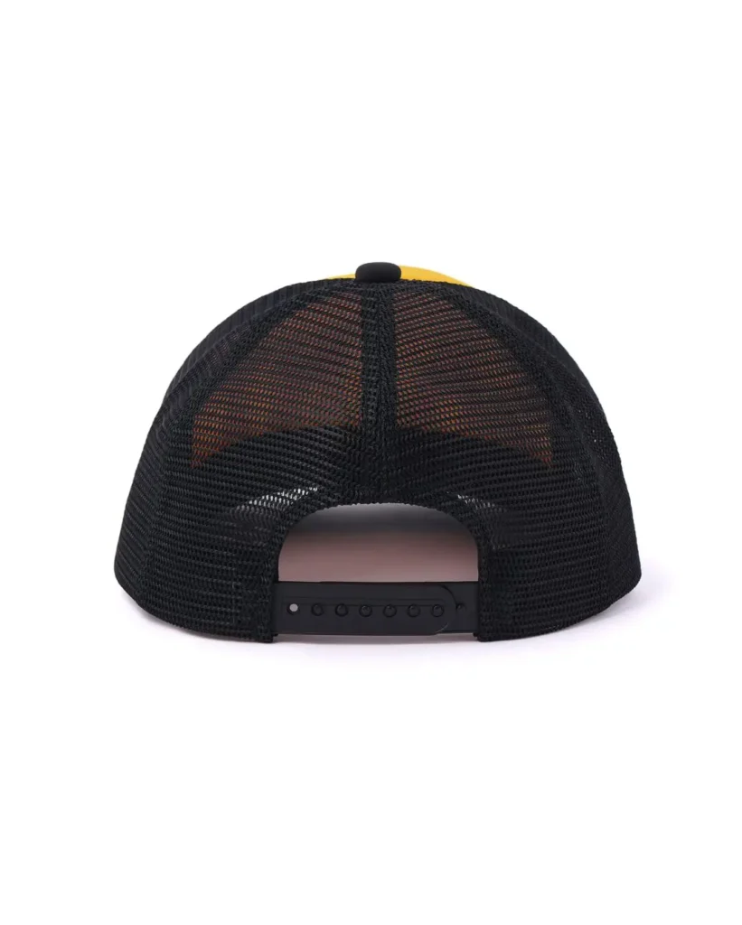 Back View Of Black Mesh Trucker Cap Feature An Adjust Snapback Closure And Contrast Yellow Front Panel