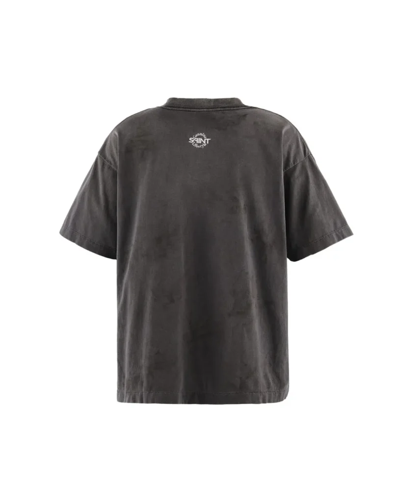 Back View Of Washed Charcoal SAINT Tee Feature A Small White “Genuine SAINT Lifestyle” Graphic Below The Collar