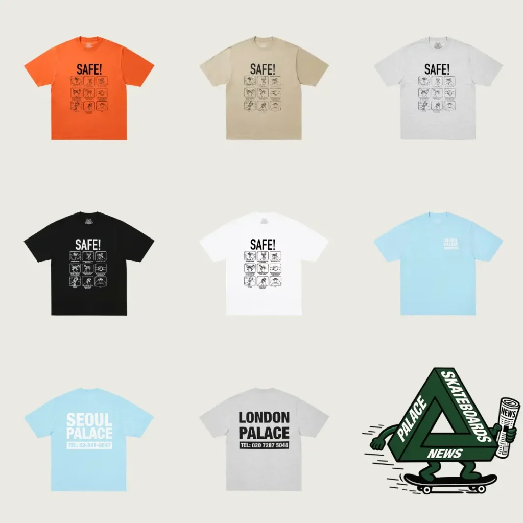 Six Tee in orange, tan, grey, black, and white, all printed "SAFE!" above a 3×3 grid of safety-icon illustrations. A light blue T-shirt reading "SEOUL PALACE" on the chest, with its back print "SEOUL PALACE / TEL: 02-541-0847." A grey T-shirt back printed "LONDON PALACE / TEL: 020 7287 5048." Bottom right: the Palace Skateboard New logo