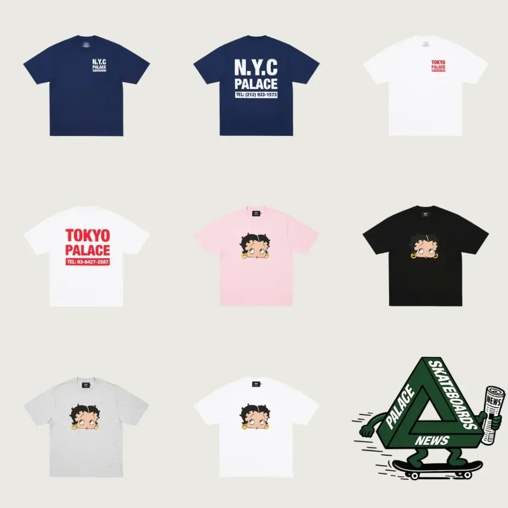 A navy Tee printed "N.Y.C PALACE" on the chest, with its back reading "N.Y.C PALACE / TEL: (212) 933-1573." A white Tee printed "TOKYO PALACE" on the chest, with its back reading "TOKYO PALACE / TEL: 03-6427-2587." Pink, black, grey, and white Tee each printed with a large Betty Boop face wearing gold hoop earring. Bottom right: the Palace Skateboard New logo
