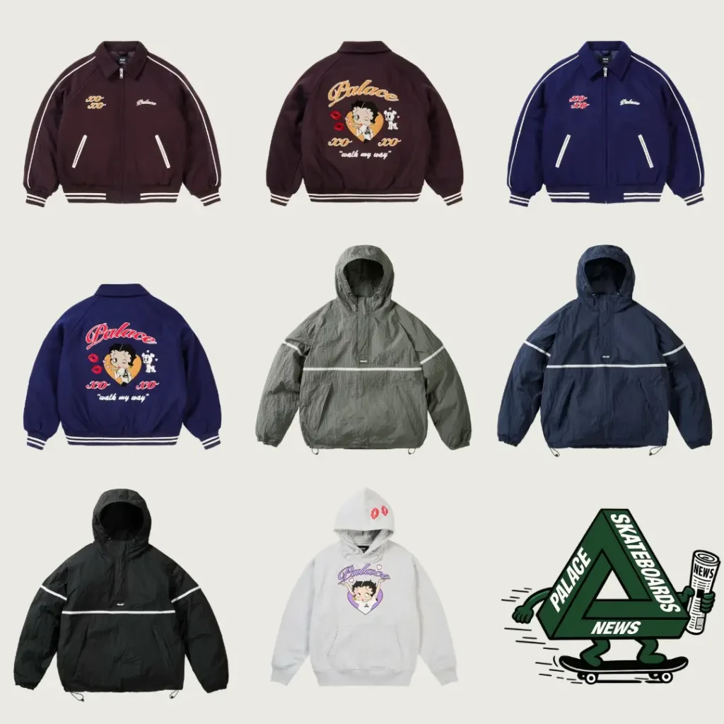 A maroon varsity jacket with white stripe trim, shown front and back — the back embroidered with "Palace" script, Betty Boop in a heart, a small dog, lip print, "XO XO," and "walk my way." A matching navy varsity jacket, also shown front and back with the same embroidered graphic. Olive green, navy, and black anorak-style pullover jackets, each with a white chest stripe and drawstring hem. A white hoodie with lip-print details on the hood and a "Palace"/Betty Boop graphic on the chest. Bottom right: the Palace Skateboard News logo