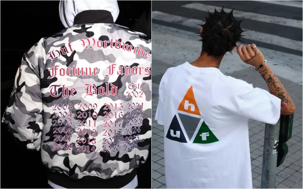 Split editorial image showing the back of a gray camouflage HUF bomber jacket beside a model wearing an oversized white HUF Tee with multicolor triangular graphic