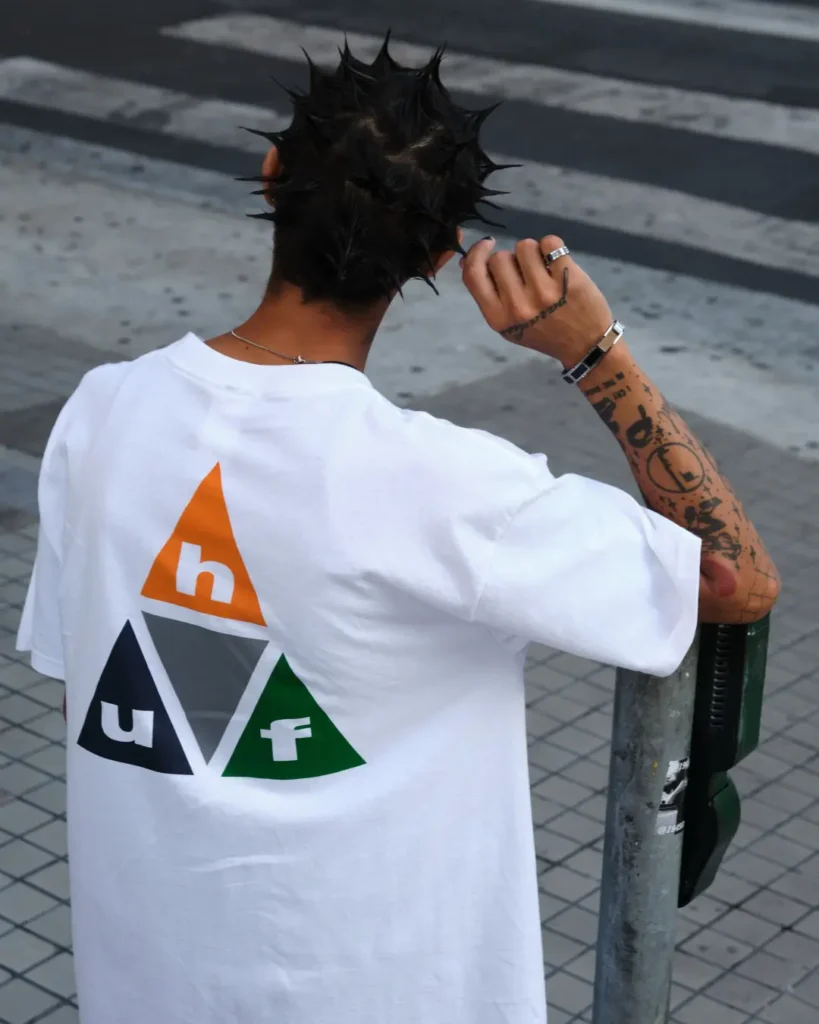 Rear view of a model wearing an oversized white HUF Tee featuring orange, navy, gray and green triangular graphic