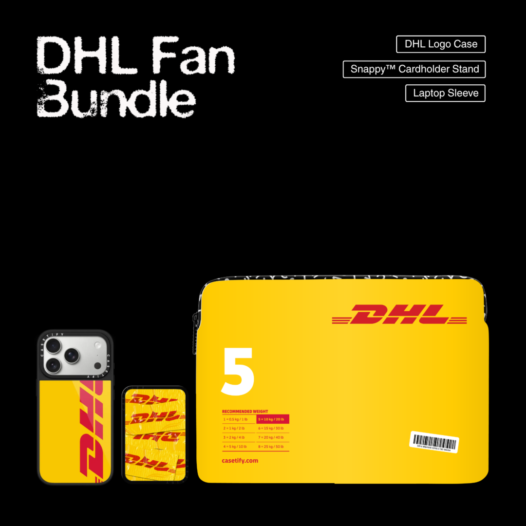 CASETiFY DHL Fan Bundle: yellow DHL logo case, Snappy cardholder stand, and numbered laptop sleeve