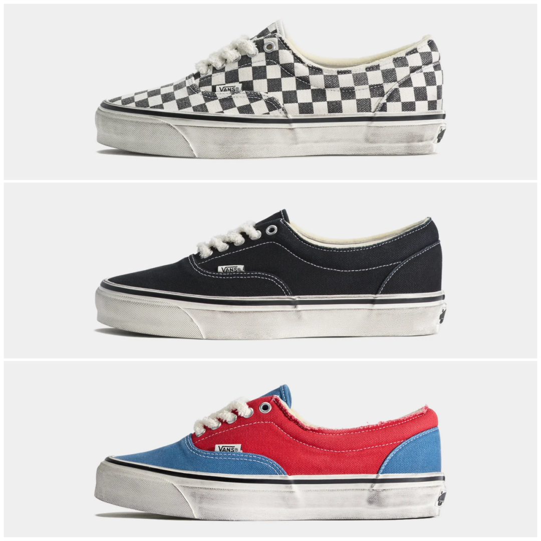 Three Vans Low-Top Shoes In Checkerboard, Black, And Red-Blue Colorways