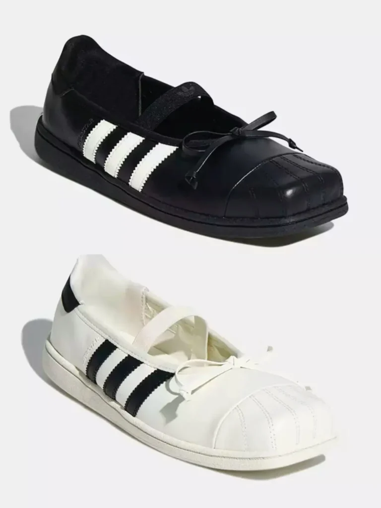 Black And White Adidas Jennie Ballet Shoes Display Contrasting Three-Stripe Designs And Bow Detail