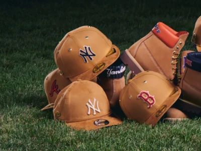 Tan Yankees, Red Sox and Braves caps clustered with matching work boots on a baseball field