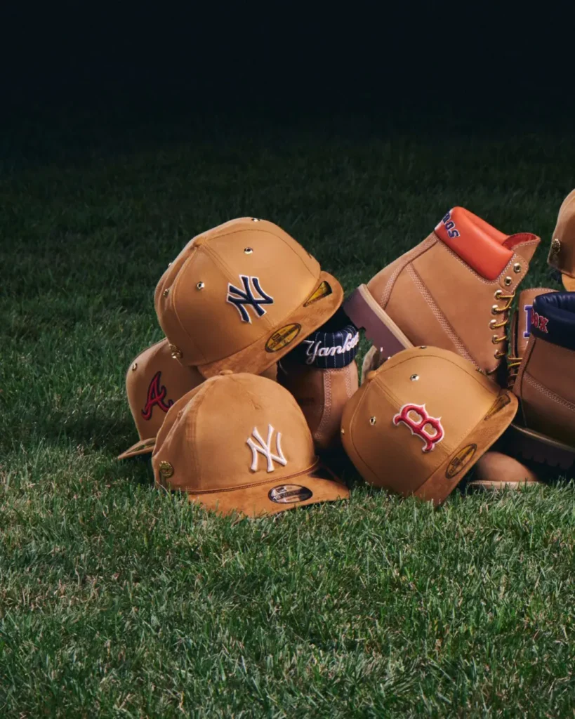 Tan Yankees, Red Sox and Braves caps clustered with matching work boots on a baseball field