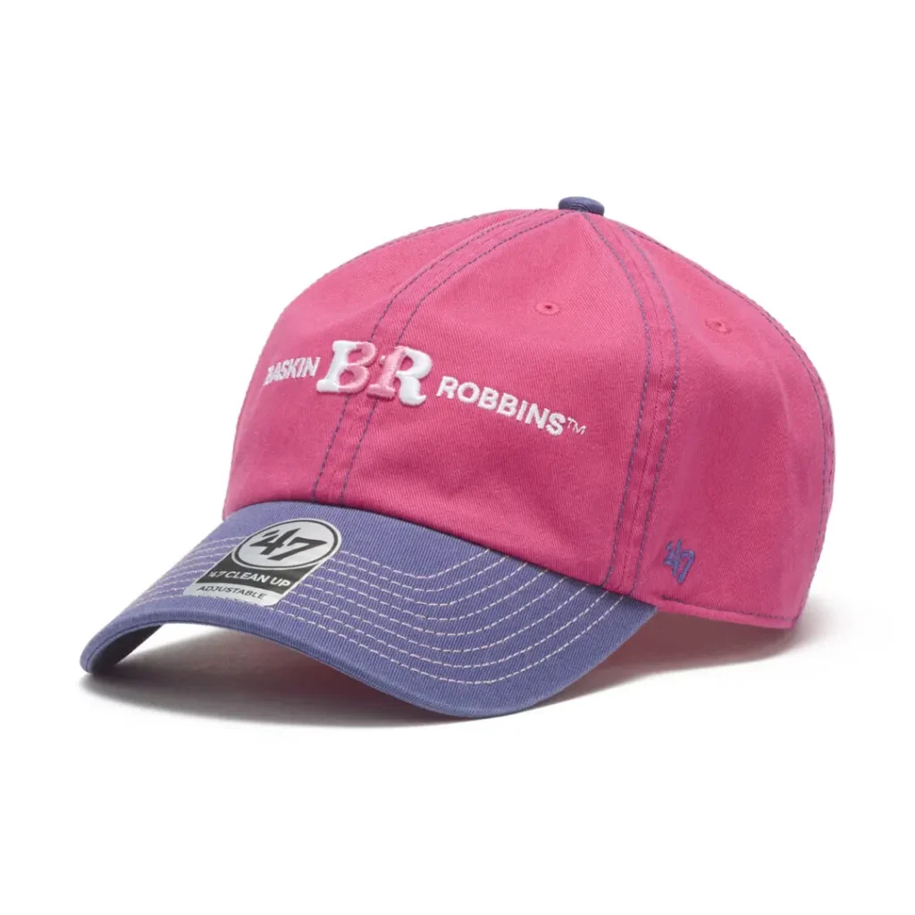 Pink Baskin-Robbins x ’47 cap with purple brim, contrast stitching, and white embroidered brand