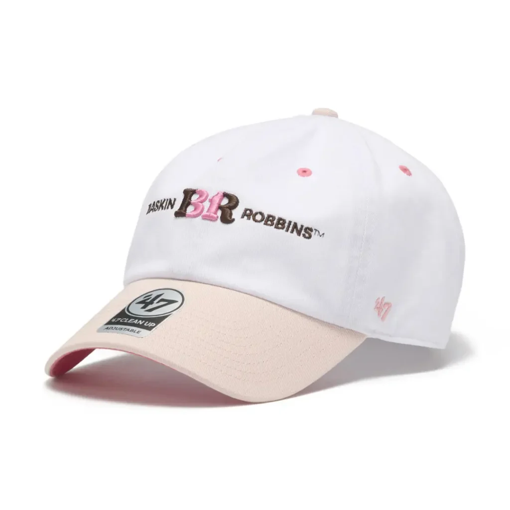 White Baskin-Robbins x ’47 cap with pale pink brim and brown-and-pink embroidered logo