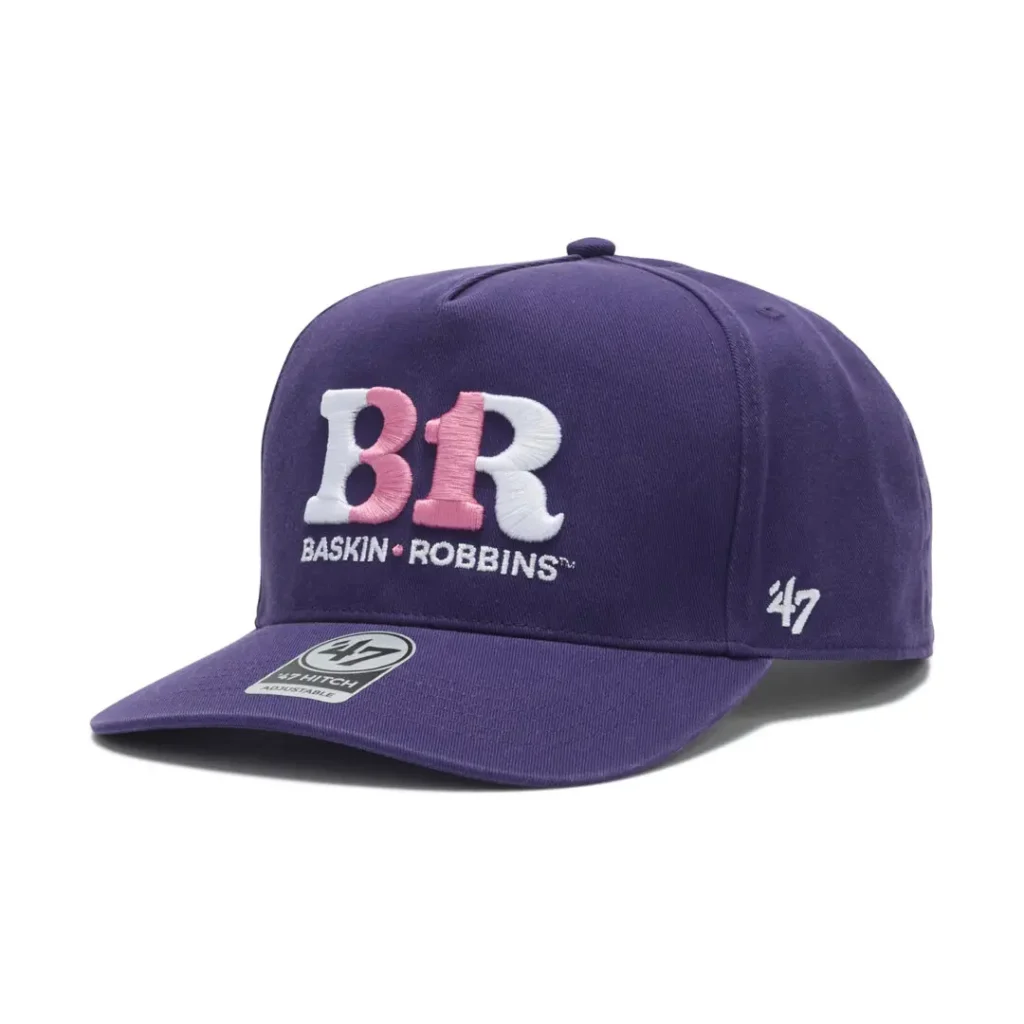 Purple Baskin-Robbins x ’47 cap featuring oversized white and pink BR embroider