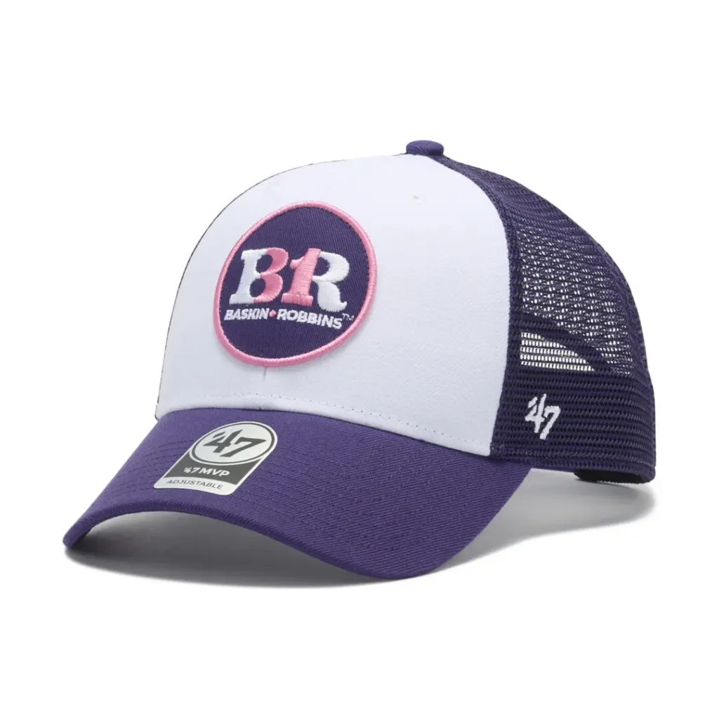 White and purple Baskin-Robbins x ’47 mesh trucker cap with embroider circular BR logo