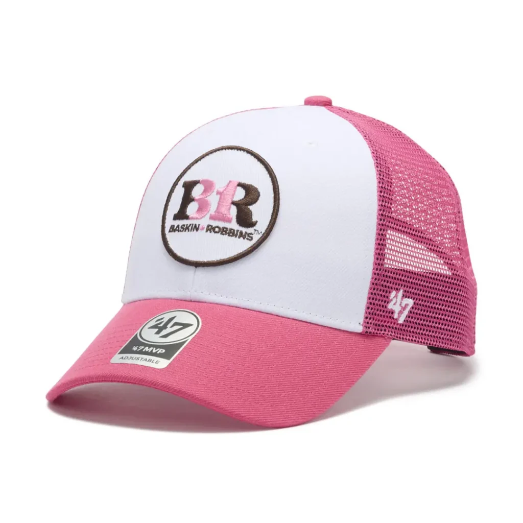 White and pink Baskin-Robbins x ’47 mesh trucker cap with embroidered BR logo patch