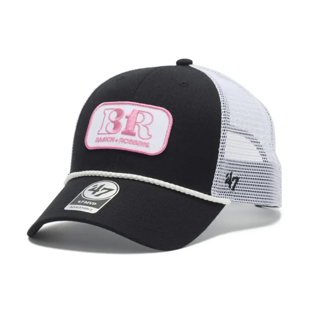 Black and white Baskin-Robbins x ’47 mesh trucker cap with pink logo patch and rope detail