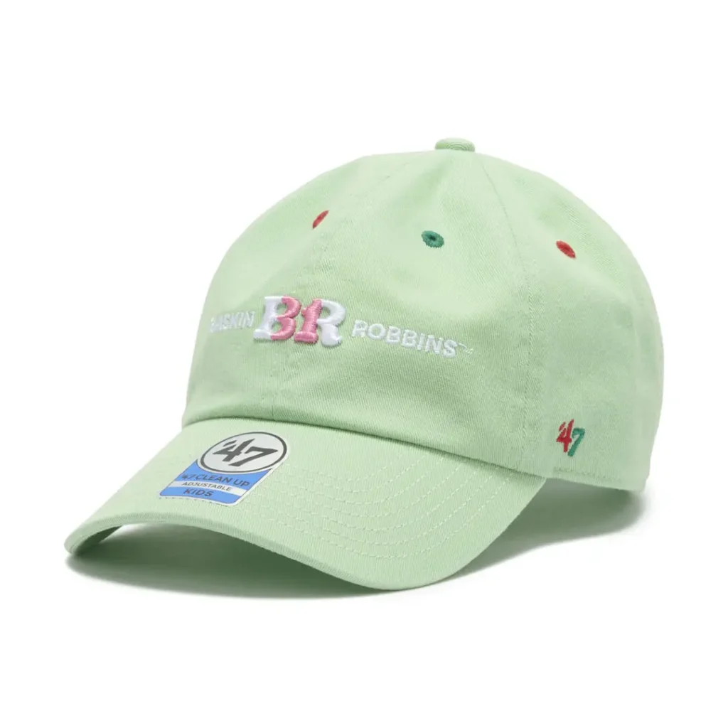 Pale green Baskin-Robbins x ’47 cap with white and pink embroidery and multicolor eyelets