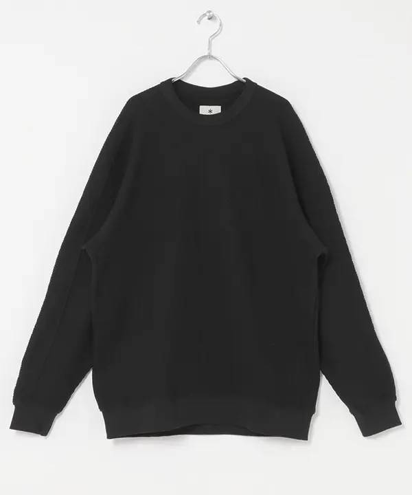 Black Snow Peak waffle-knit crewneck top displayed on a hanger.