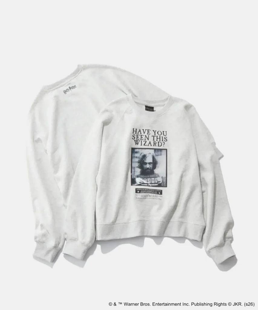 Light gray Harry Potter sweatshirt feature a “Have You Seen This Wizard?” Sirius Black poster graphic