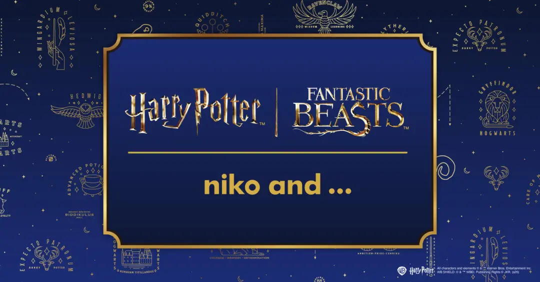Harry Potter And Fantastic Beasts X Niko And ... Collaboration Graphic In Navy And Gold.