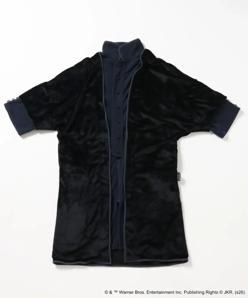 Black plush robe with dark navy trim, oversize sleeve and button-front detail