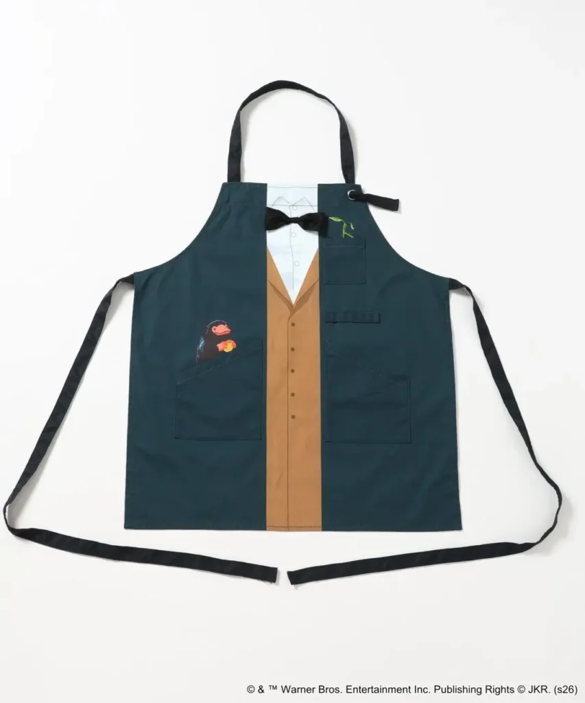 Dark green Fantastic Beasts-inspired apron designed like a formal suit with bow tie and embroider creature detail