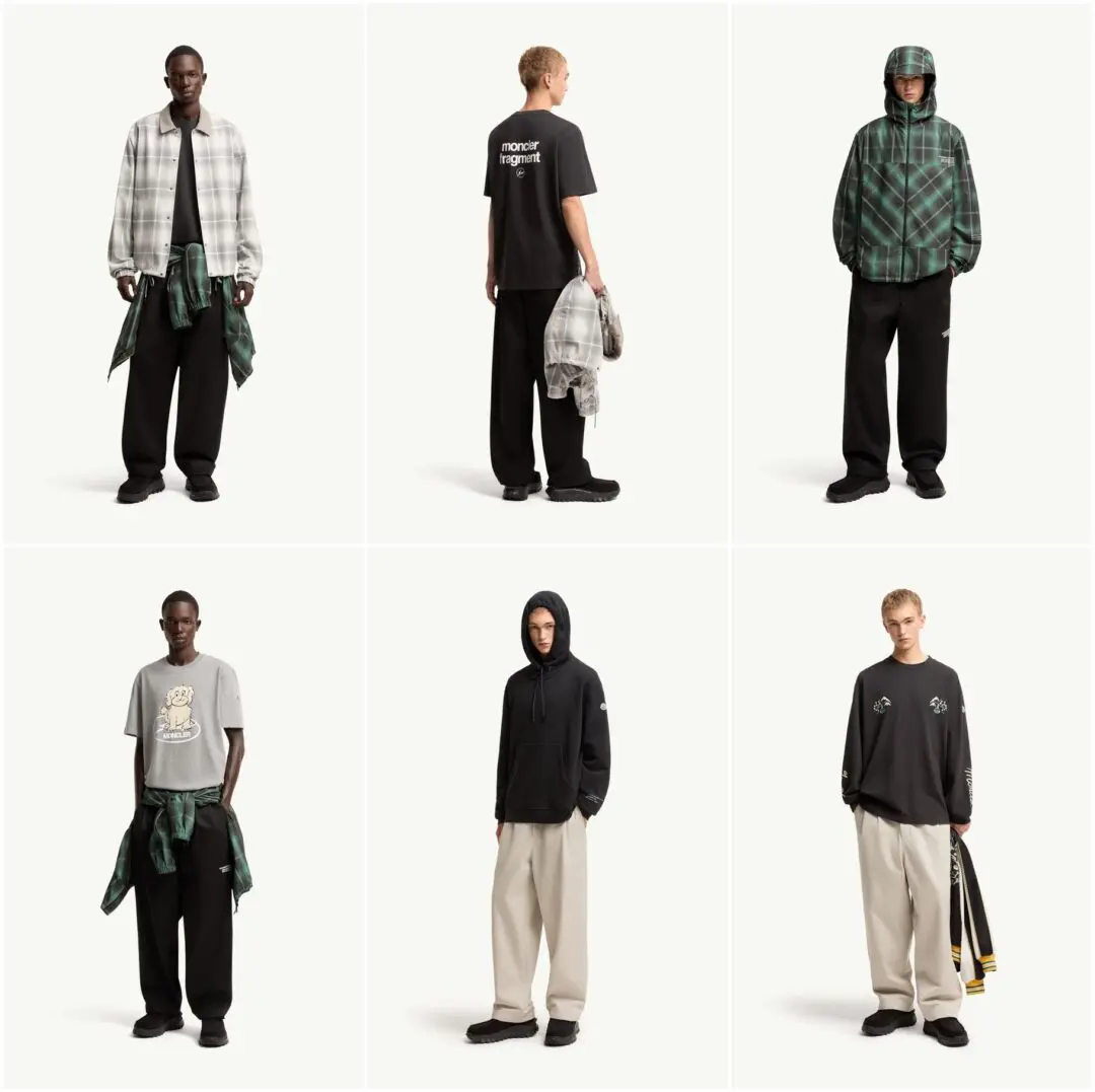 Six models display Moncler Fragment clothing in a two-row, three-column studio layout