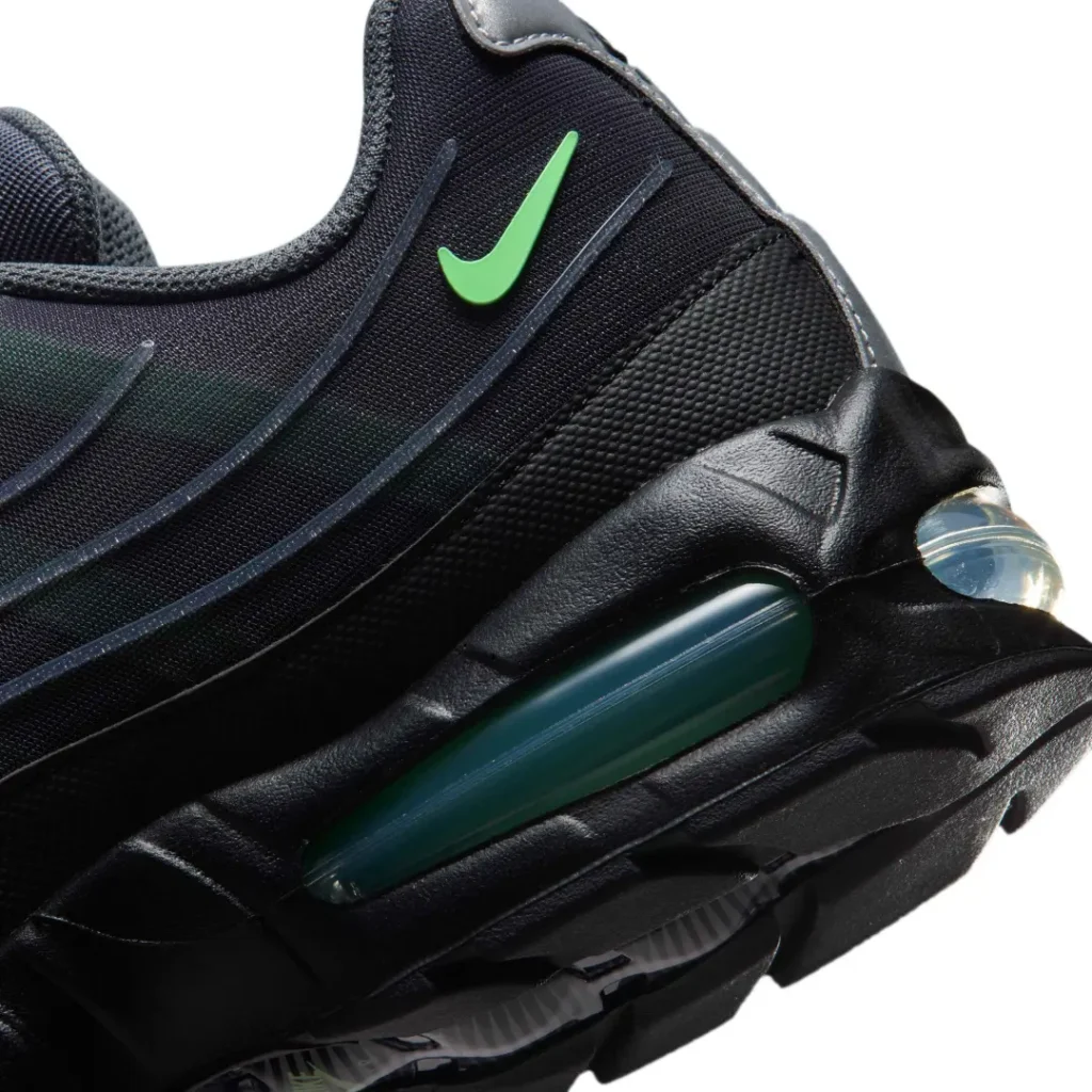Nike Air Max 95 Black And Green Close-Up Of Swoosh And Visible Air Unit