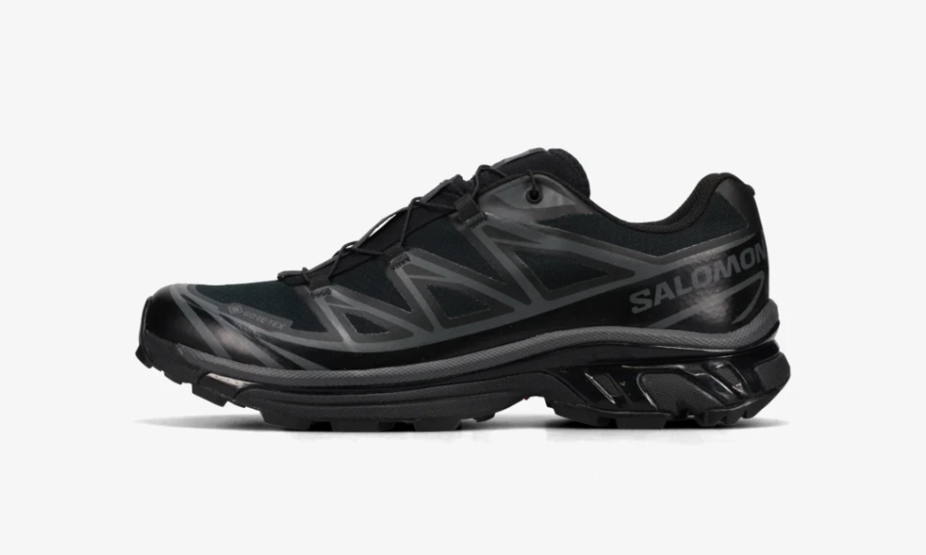 Black Salomon trail shoe in side profile, with laces, Gore-Tex marking, layered panels and rugged tread on a white background