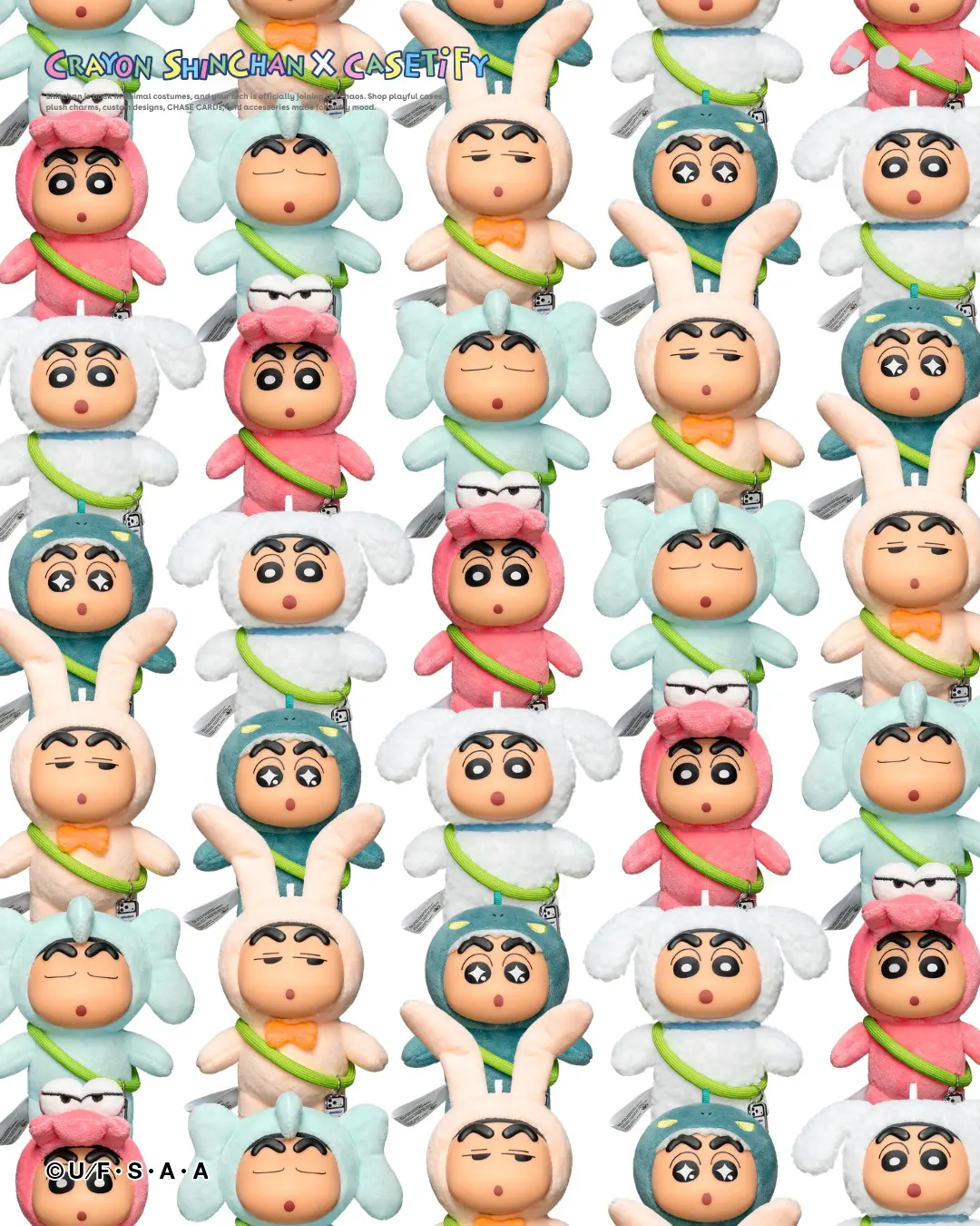 Crayon Shin-chan x CASETiFY plush charms in pink, mint, cream, and teal animal costumes with lime straps