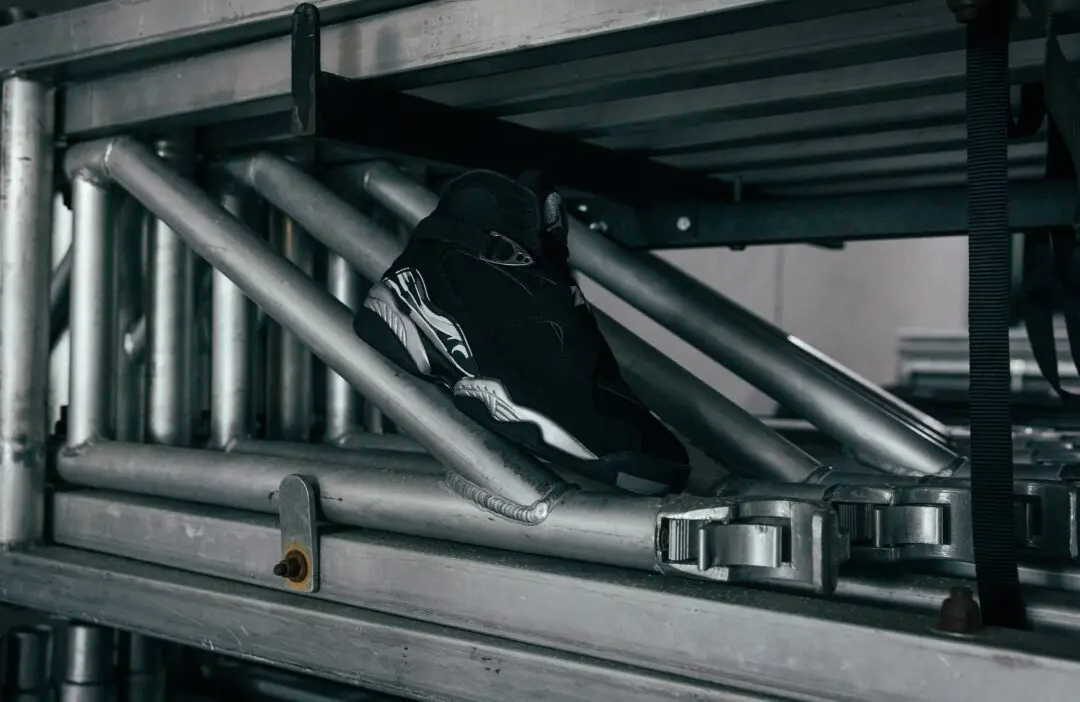 Air Jordan 8 Retro Chrome on aluminum truss, black nubuck and chrome midsole