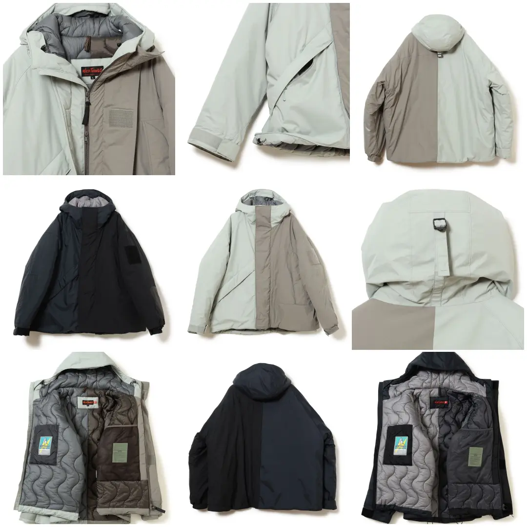 Collage showing hooded technical jackets in black and two-tone pale gray and taupe, with front, back, interior, hood, and construction detail views.