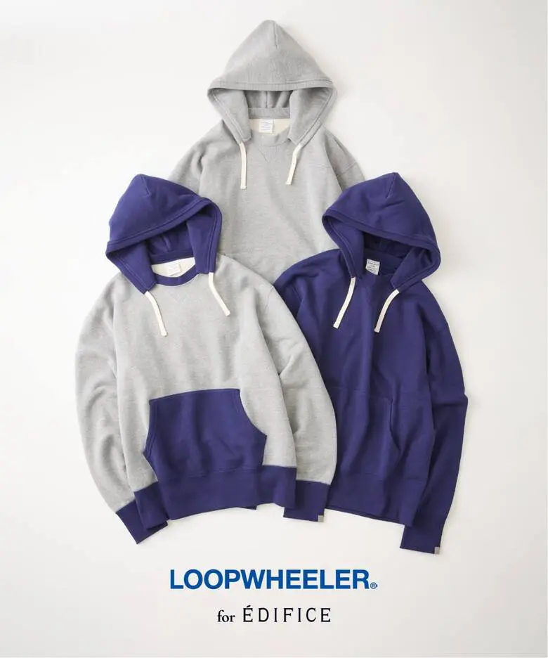 Three LOOPWHEELER for ÉDIFICE hoodies in gray, purple, and two-tone gray and purple colorways.