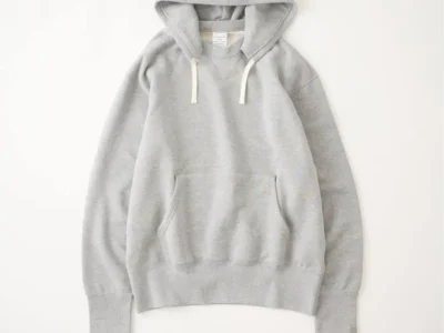 Light gray LOOPWHEELER for ÉDIFICE pullover hoodie with white drawstring and a kangaroo pocket