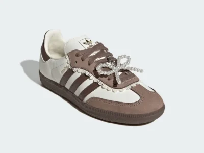 Adidas Samba In Cream And Brown With Lace Trim And Pearl Bow Detail