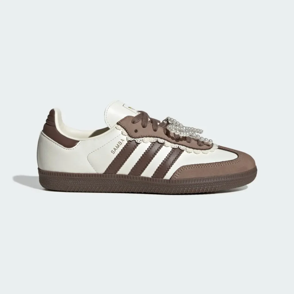 Side Profile Of Cream And Brown Adidas Samba With Decorative Lace And Pearl Lace