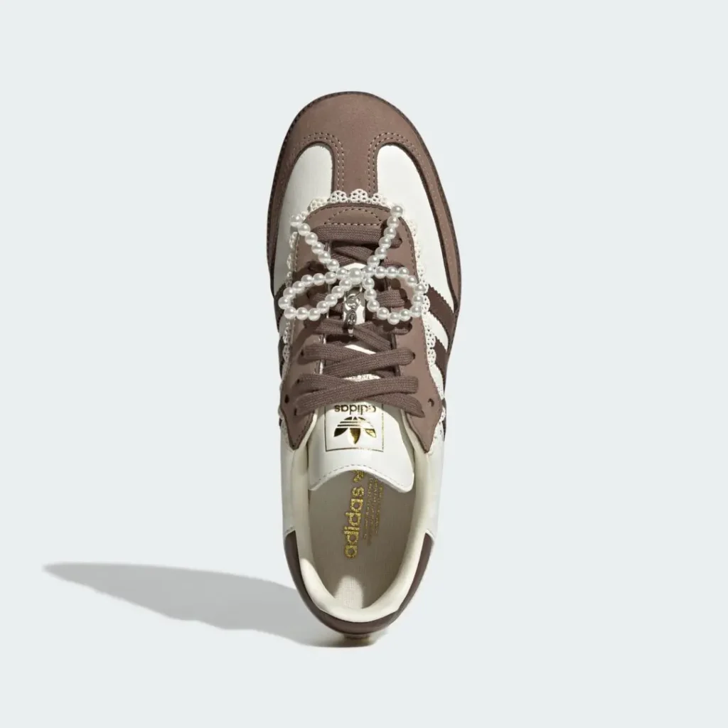 Top View Of Adidas Samba Show Brown Laces, Pearl Bow And Cream Leather Upper