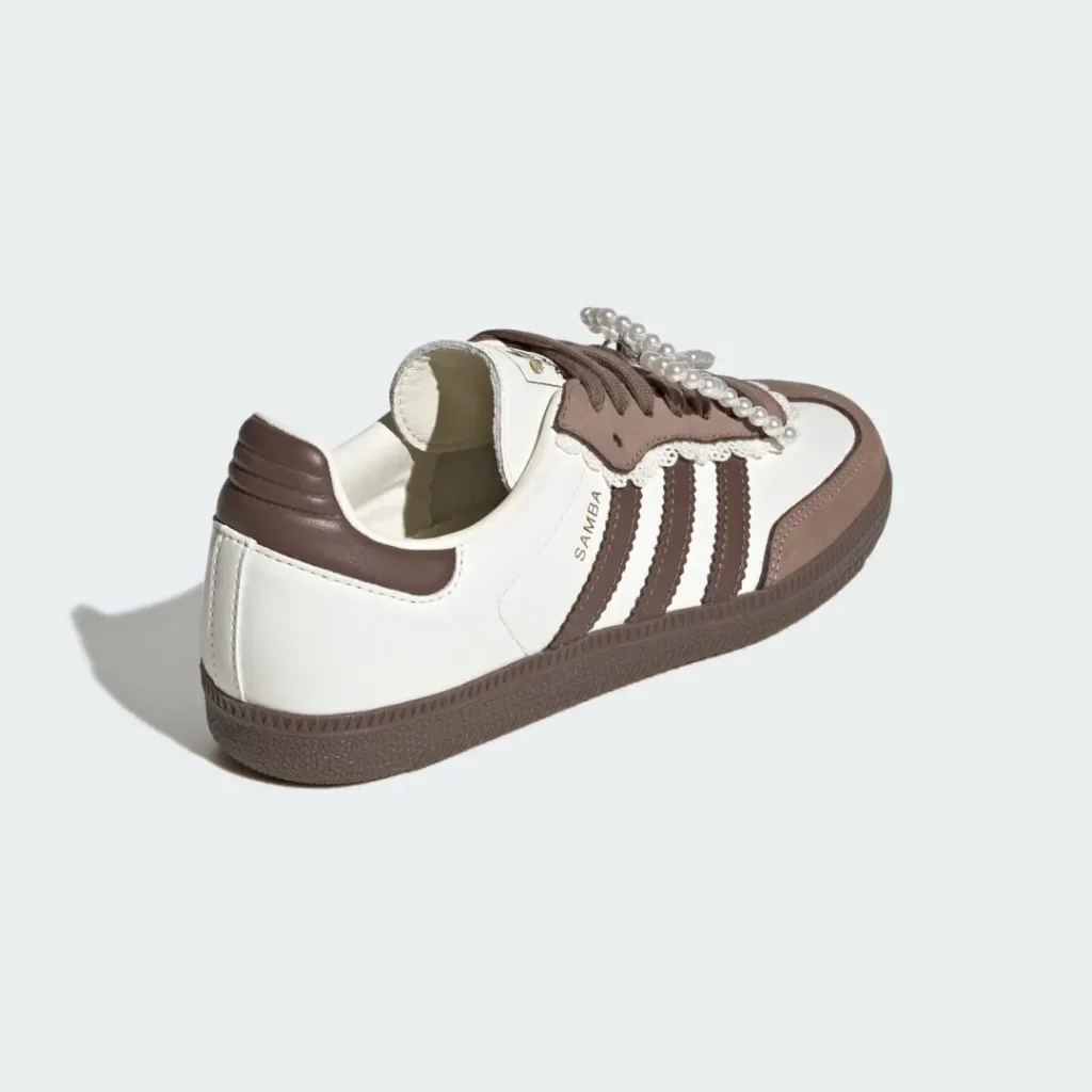 Rear Three-Quarter View Of Cream And Brown Adidas Samba With Brown Rubber Sole