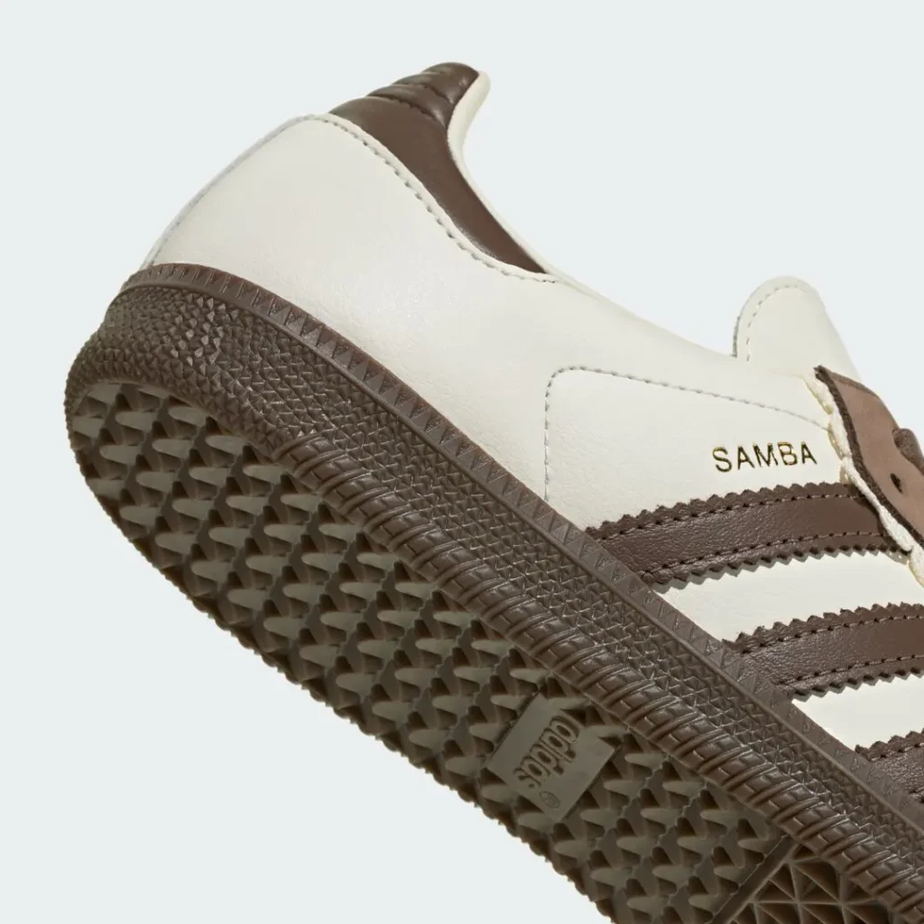 Close-Up Of Adidas Samba Heel, Brown Stripe And Texture Gum Outsole